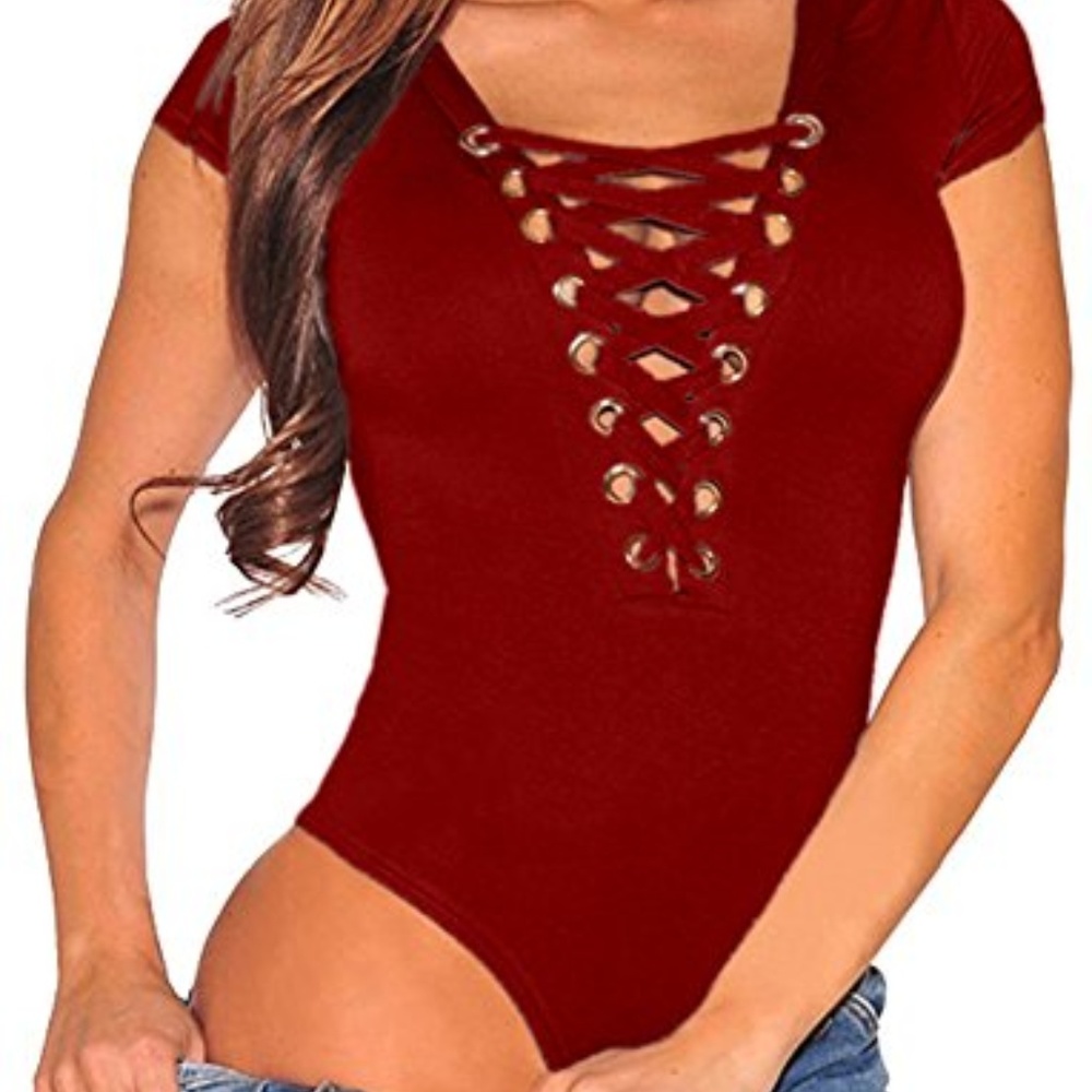 Vestidos Sexy Deep V Lace Up Bodysuit Jumpsuit Wine Size S EUC